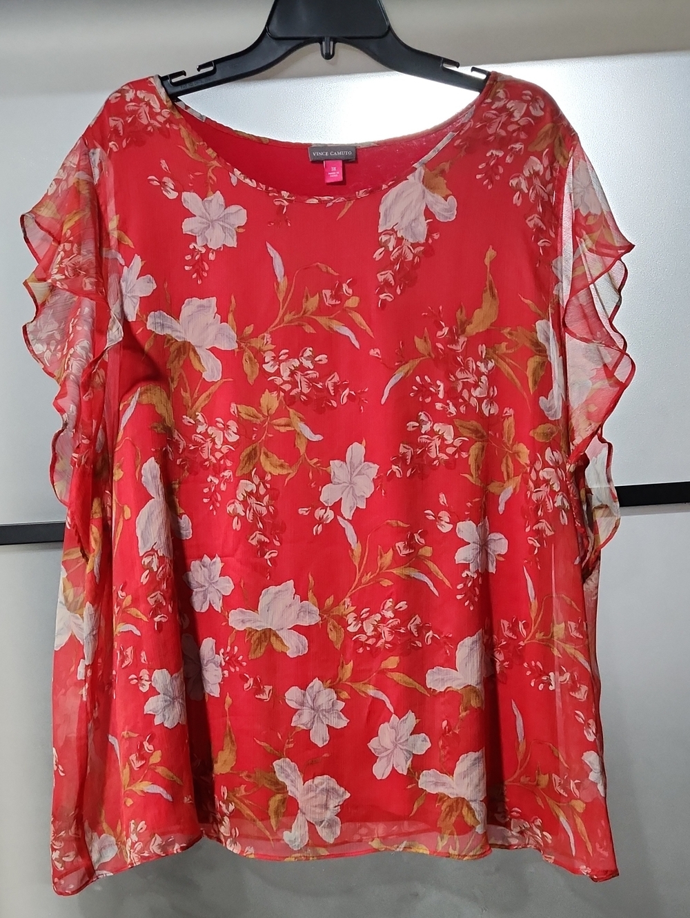 Vince Camuto Oasis Bloom Floral Ruffle Sleeve Blouse | Coral Red | Size 3X